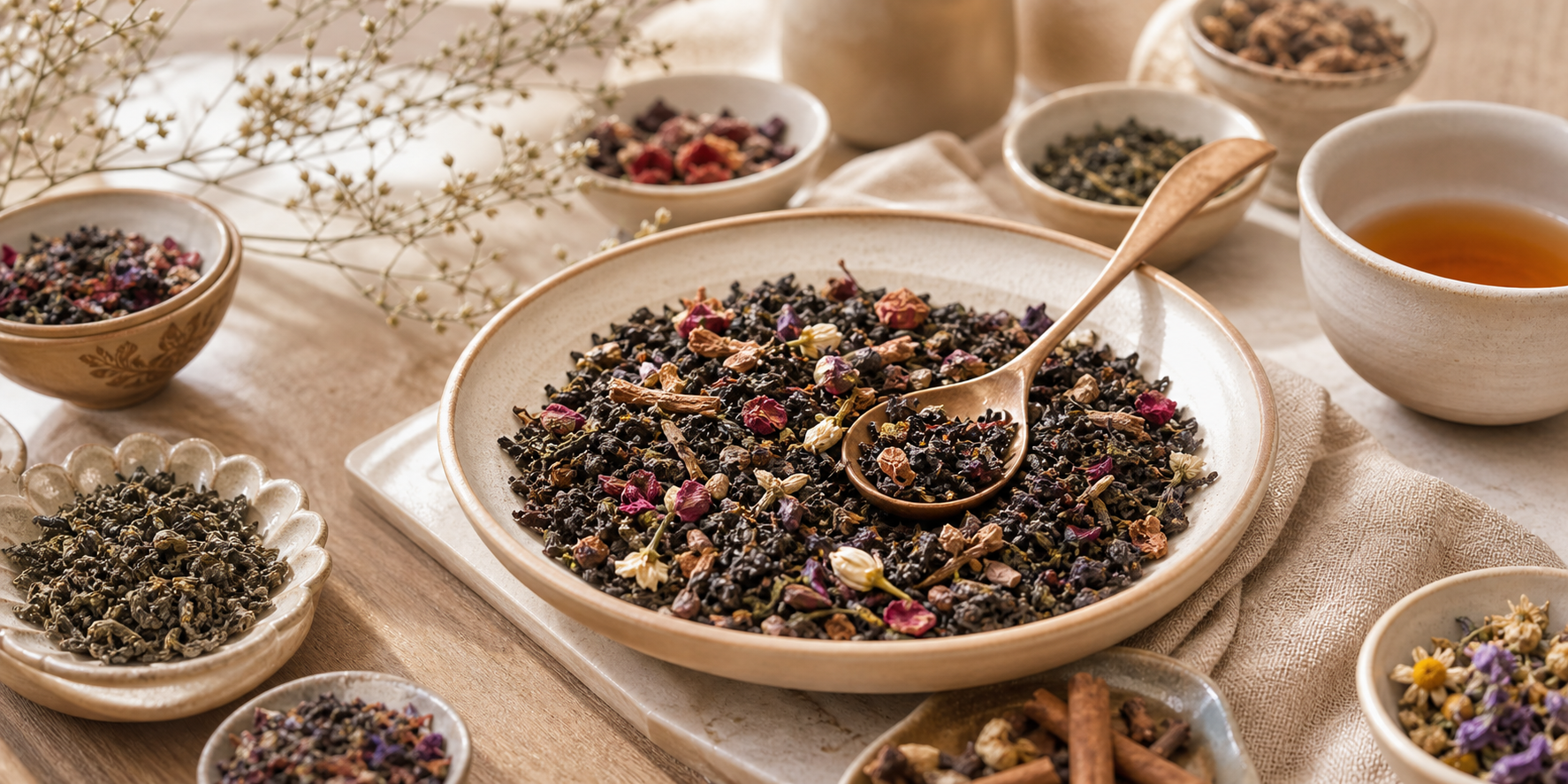 Warm loose tea and botanicals with bronze accents for the Rare grade