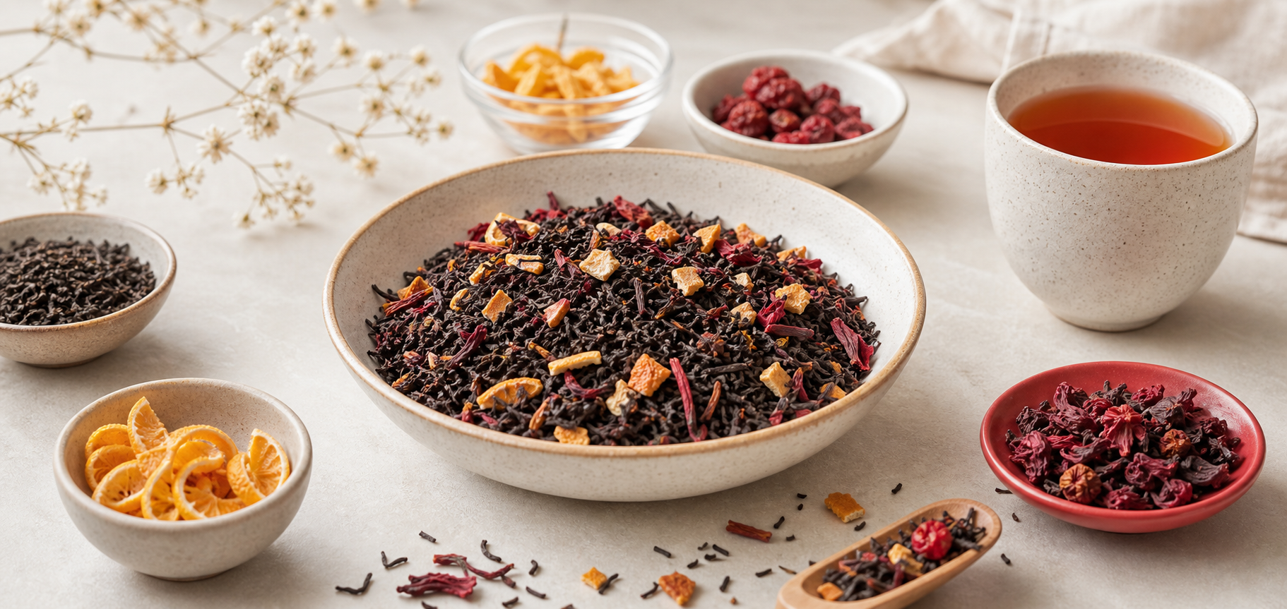 Loose tea with citrus peel and red botanicals for the Uncommon grade